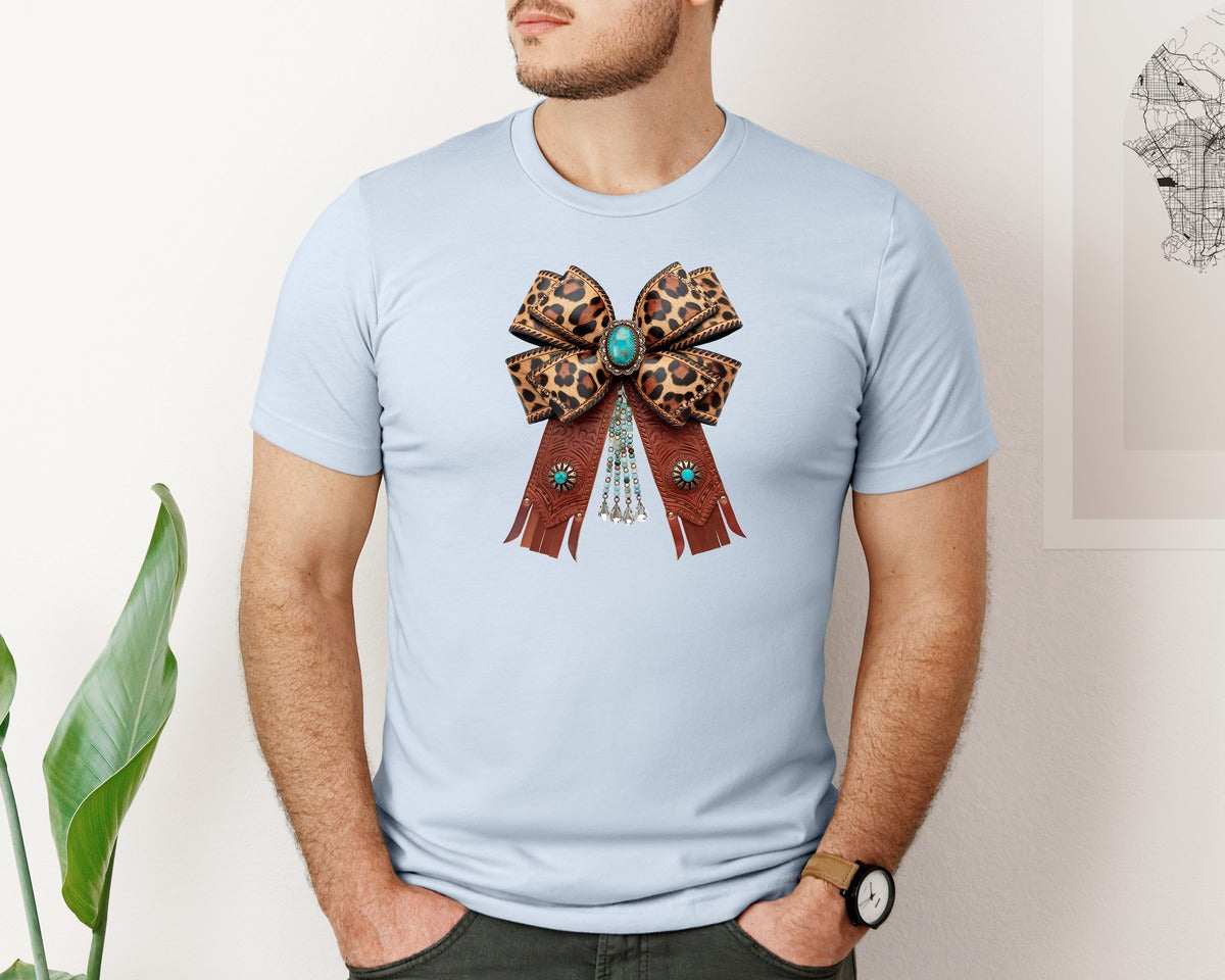 brand:Bella Canvas|color:Light Blue|Western Leopard Bow Coquette Cowgirl 2 Graphic T-Shirt