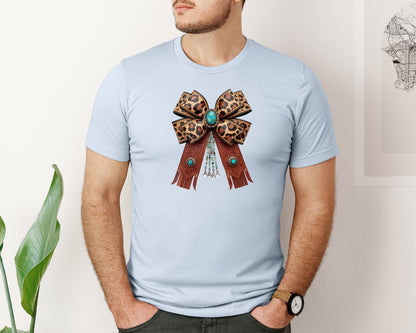 brand:Bella Canvas|color:Light Blue|Western Leopard Bow Coquette Cowgirl 2 Graphic T-Shirt