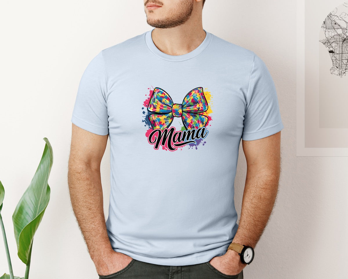 brand:Bella Canvas|color:Light Blue|Autism Mama Colorful Puzzle Bow Art Graphic T-Shirt