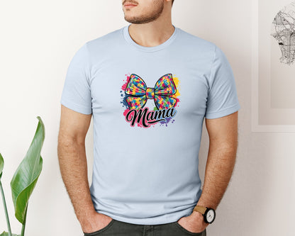 brand:Bella Canvas|color:Light Blue|Autism Mama Colorful Puzzle Bow Art Graphic T-Shirt