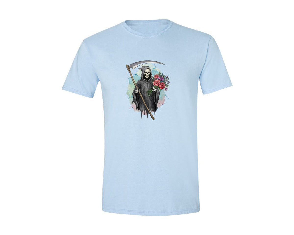 brand:Generic|color:Light Blue|Grim Reaper With Flowers Gothic Graphic T-Shirt