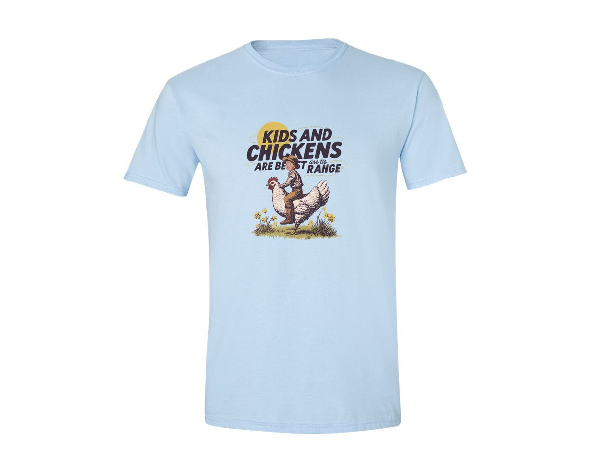 brand:Generic|color:Light Blue|Kids And Chickens Vintage Farm Graphic T-Shirt
