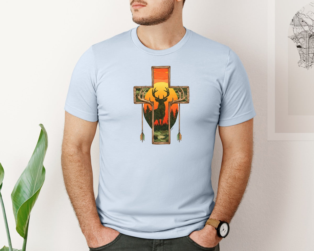 brand:Bella Canvas|color:Light Blue|Deer Cross Rustic Hunting Cross Sub Graphic T-Shirt