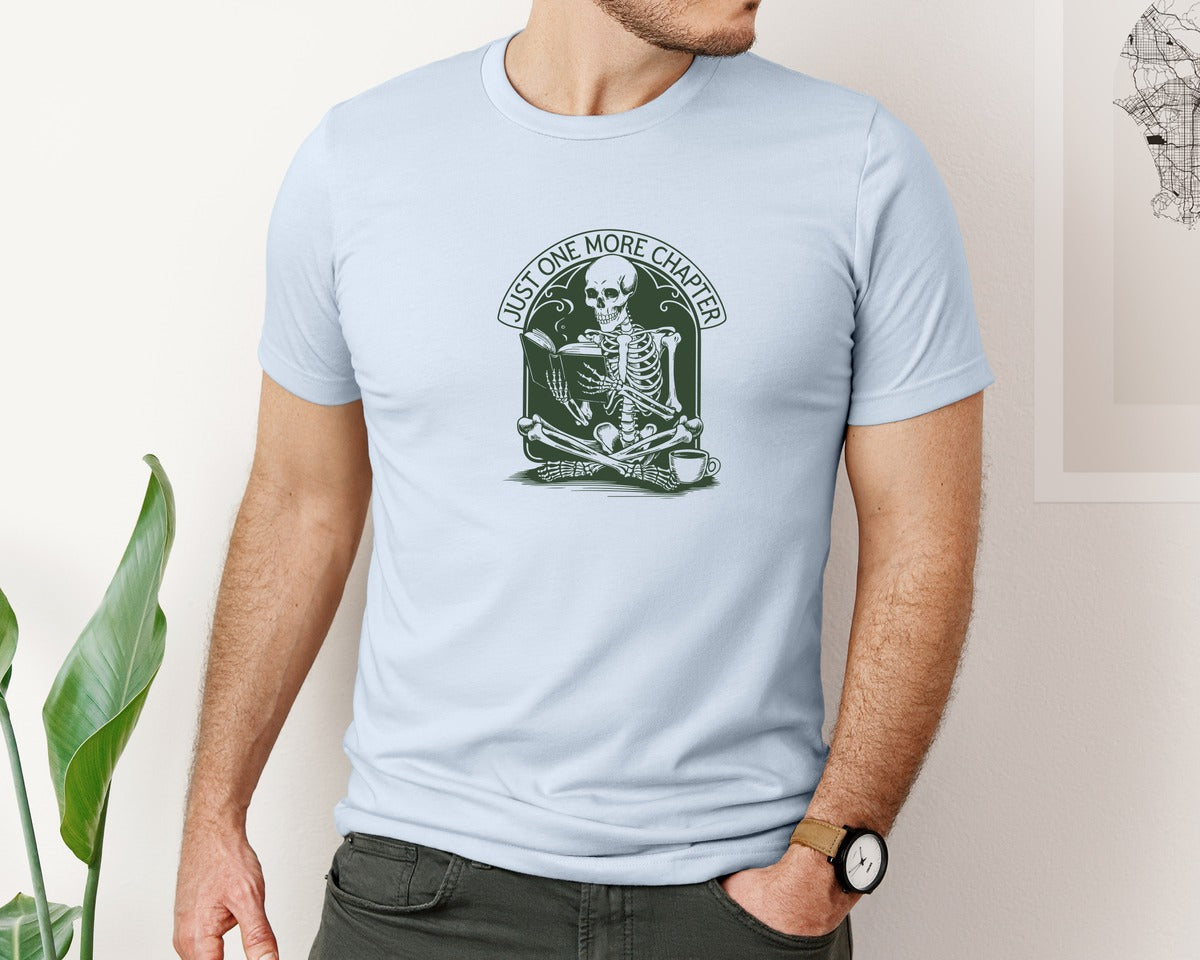 brand:Bella Canvas|color:Light Blue|Just One More Chapter Skeleton Coffee 2 Graphic T-Shirt