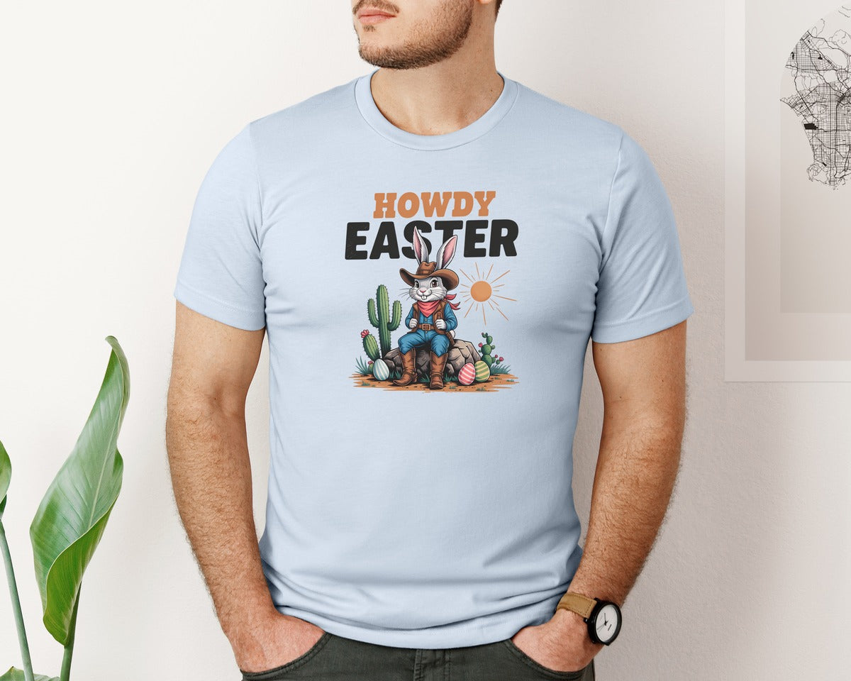 brand:Bella Canvas|color:Light Blue|Howdy Easter Western Cowboy Bunny 2 Graphic T-Shirt
