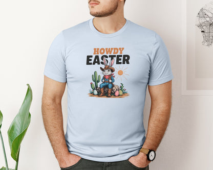 brand:Bella Canvas|color:Light Blue|Howdy Easter Western Cowboy Bunny 2 Graphic T-Shirt
