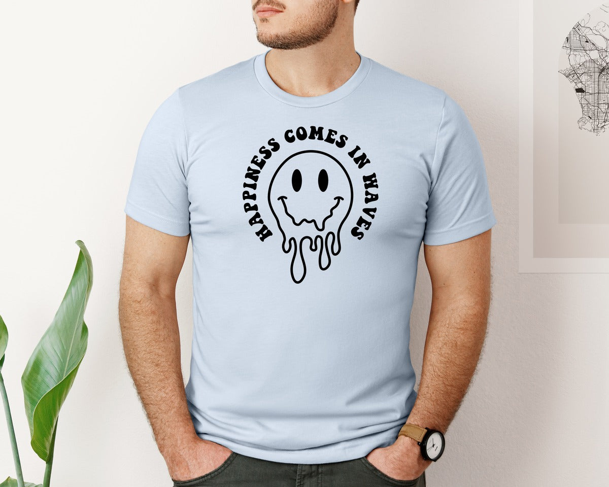 brand:Bella Canvas|color:Light Blue|Happiness Comes In Waves Wavy Graphic T-Shirt