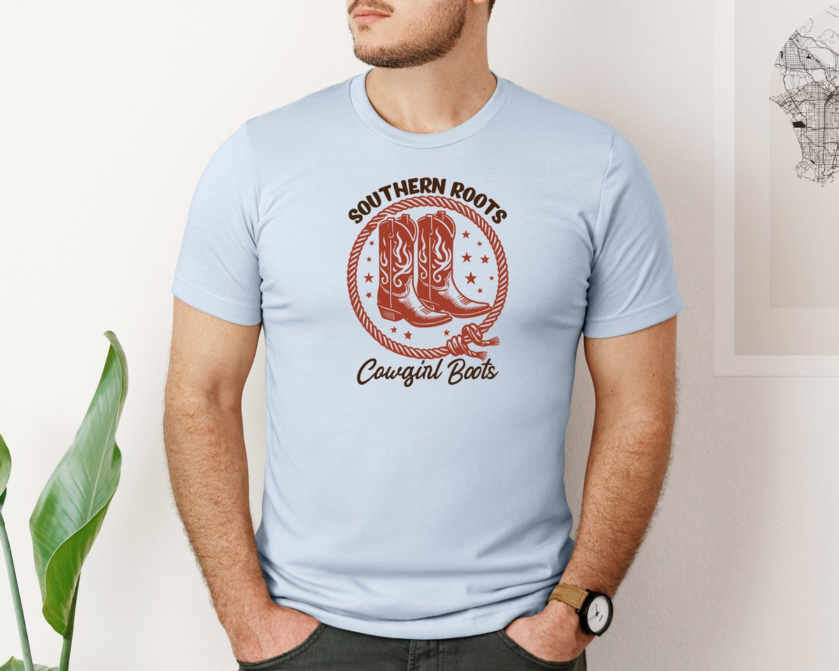 brand:Bella Canvas|color:Light Blue|Southern Roots Cowgirl Boots Cowgir Graphic T-Shirt
