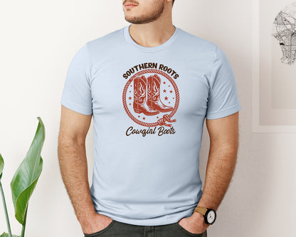 brand:Bella Canvas|color:Light Blue|Southern Roots Cowgirl Boots Cowgir Graphic T-Shirt
