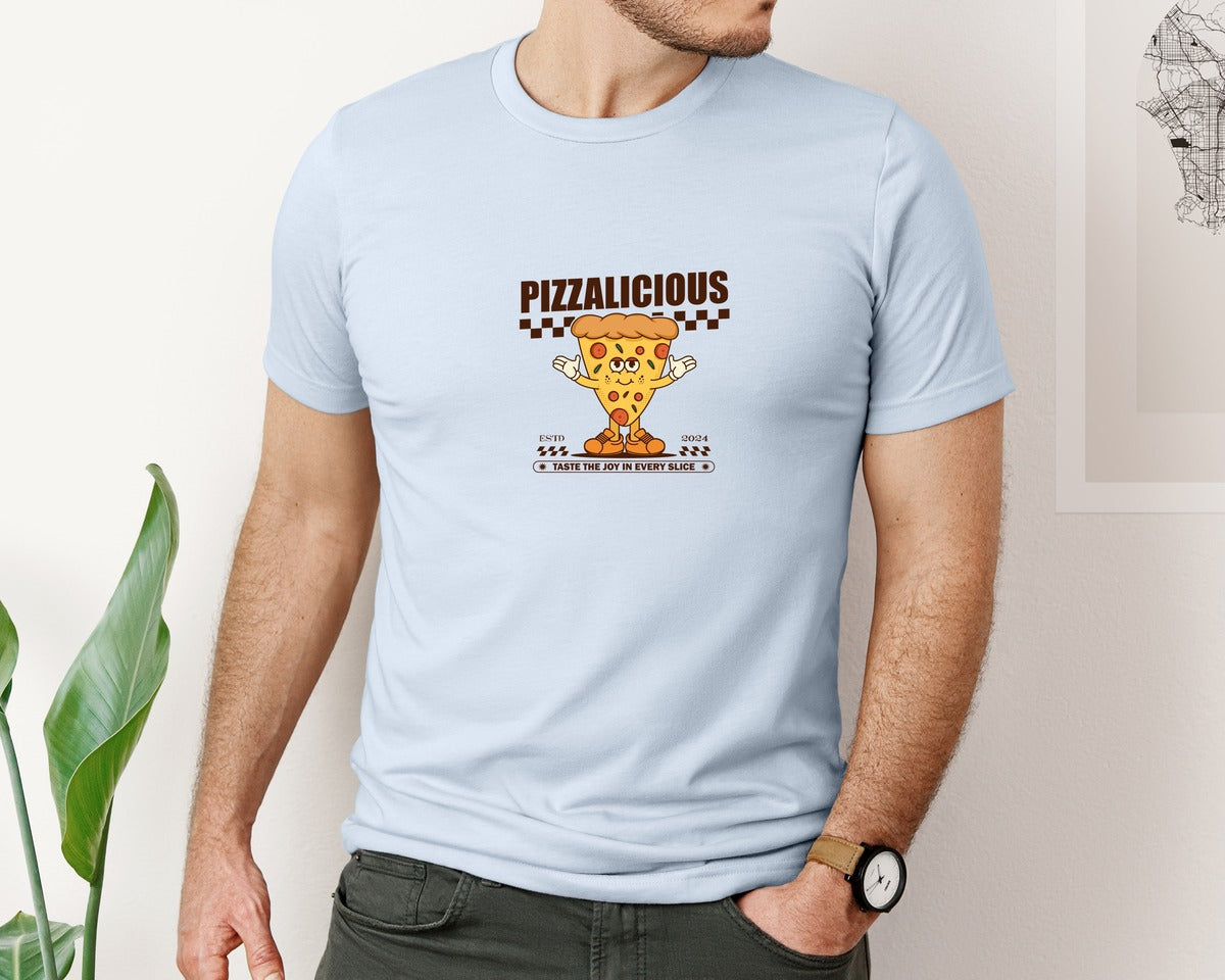 brand:Bella Canvas|color:Light Blue|Vintage Slice Pizza Cartoon Character Graphic T-Shirt