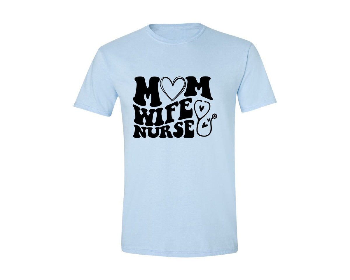 brand:Generic|color:Light Blue|Mom Wife Nurse Wavy Graphic T-Shirt