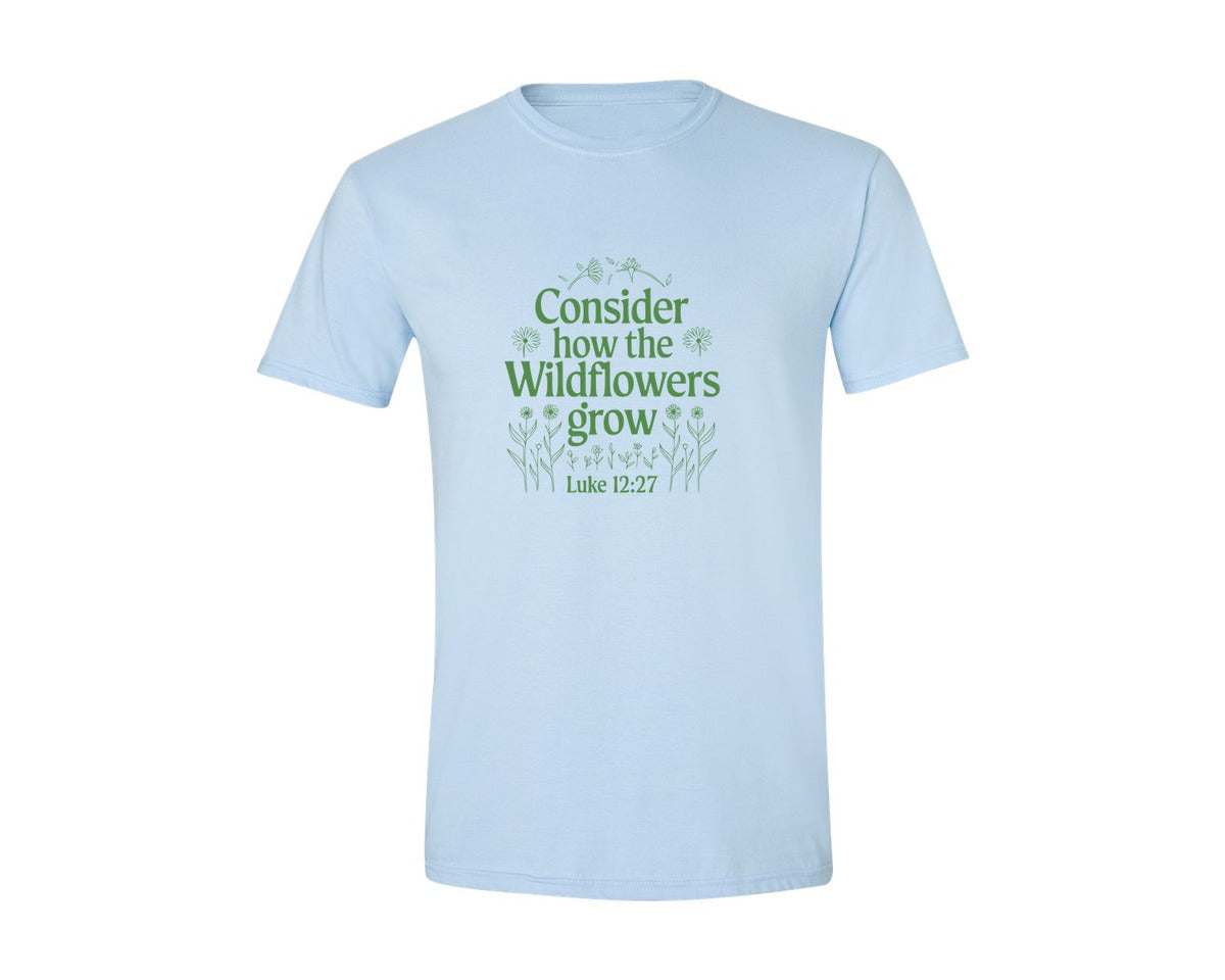 brand:Generic|color:Light Blue|Consider How The Wildflowers Grow Luke 1 4 Graphic T-Shirt