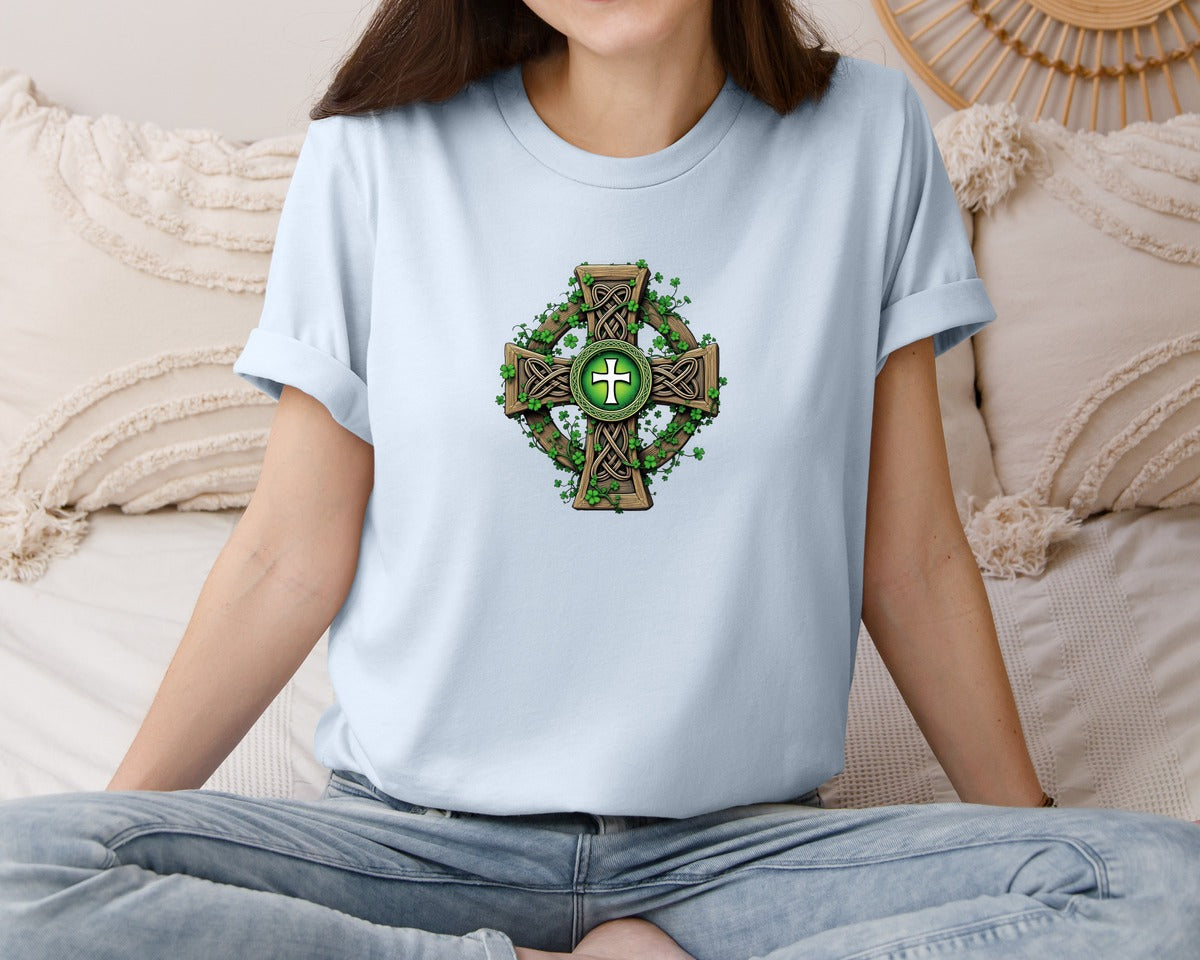 brand:Bella Canvas|color:Light Blue|Celtic Cross With Shamrocks Irish Graphic T-Shirt