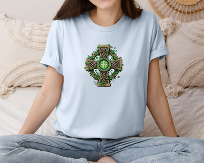 brand:Bella Canvas|color:Light Blue|Celtic Cross With Shamrocks Irish Graphic T-Shirt