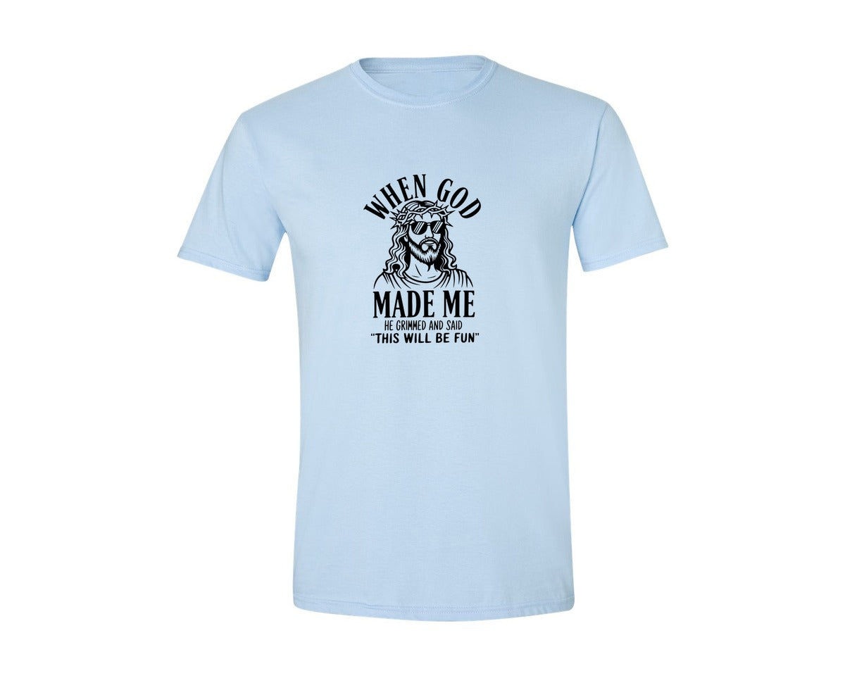 brand:Generic|color:Light Blue|God Humor Christian Faith Graphic T-Shirt