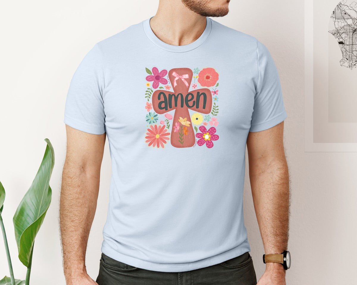 brand:Bella Canvas|color:Light Blue|Boho Floral Amen Christian Graphic T-Shirt