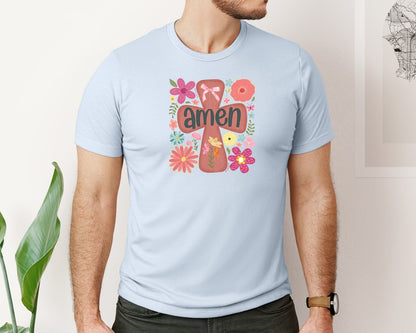 brand:Bella Canvas|color:Light Blue|Boho Floral Amen Christian Graphic T-Shirt