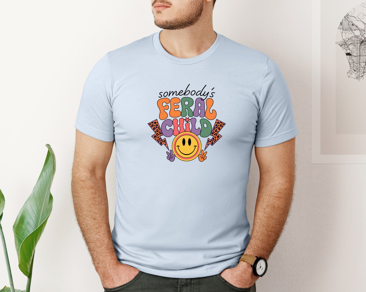 brand:Bella Canvas|color:Light Blue|Somebodys Feral Child Funny Summer Graphic T-Shirt