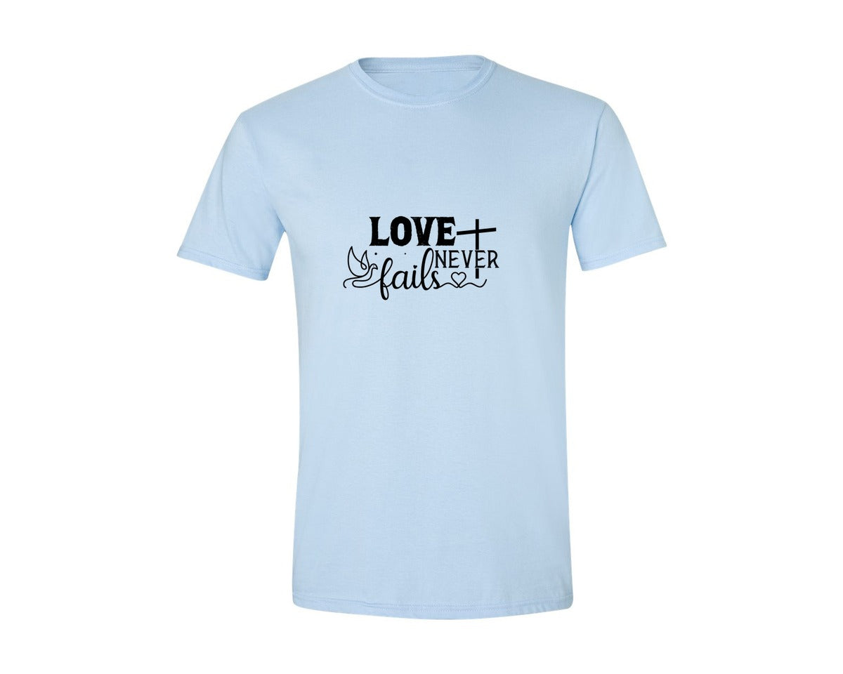 brand:Generic|color:Light Blue|Love Never Fails Sleeve Svgbible Quotes Graphic T-Shirt
