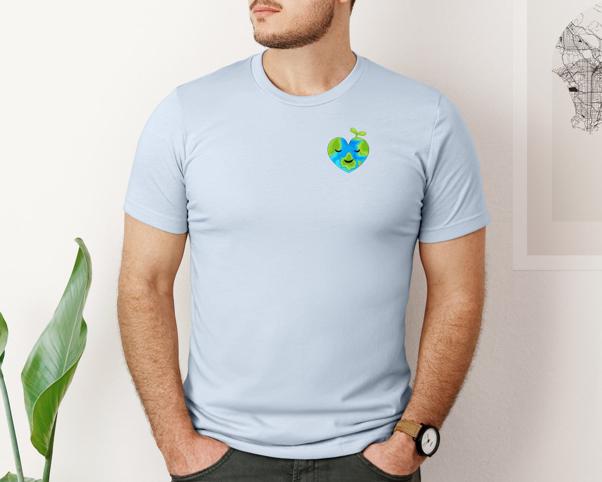 brand:Bella Canvas|color:Light Blue|Love Heart Earth Globe Pocket Design Graphic T-Shirt