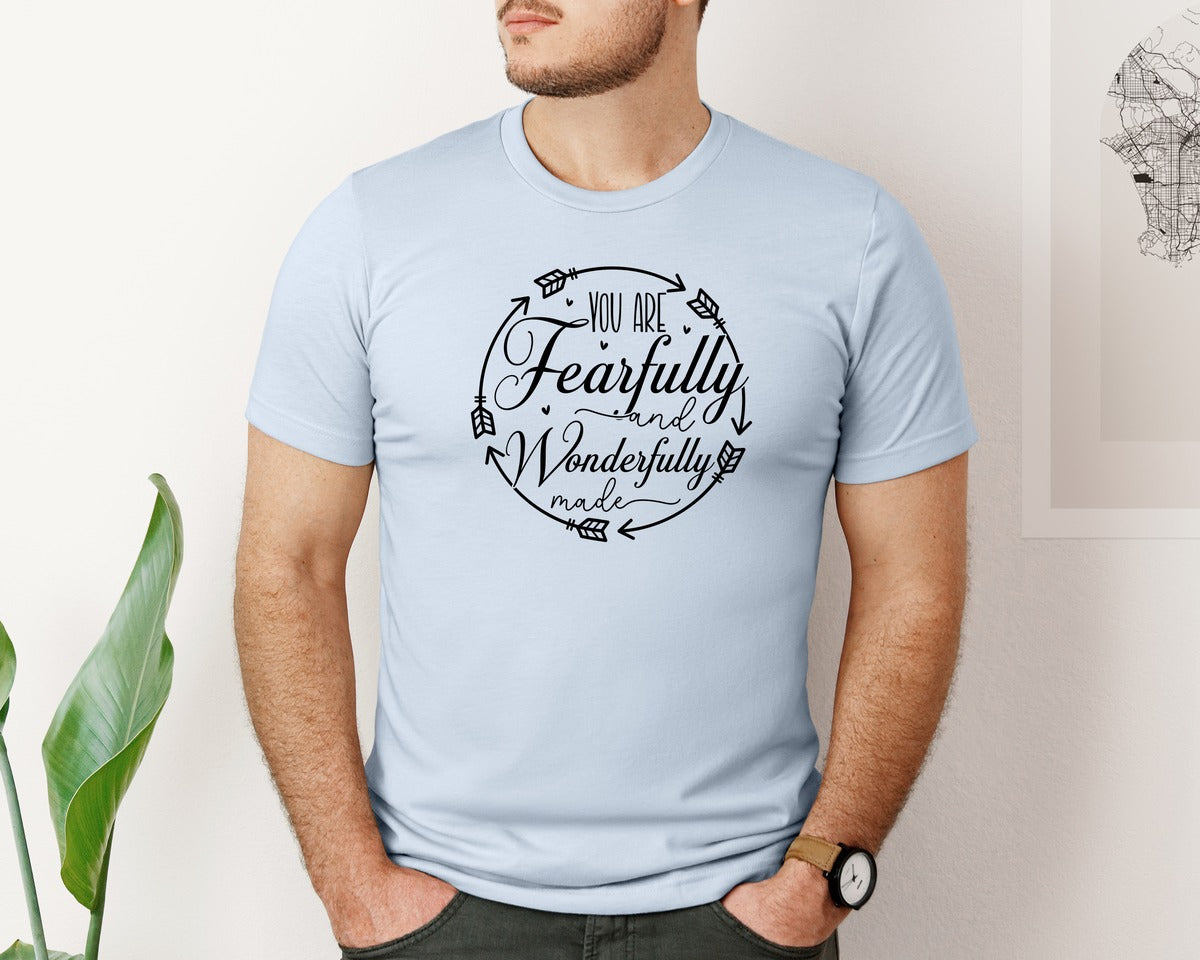 brand:Bella Canvas|color:Light Blue|You Are Fearfully And Sleeve Design Graphic T-Shirt