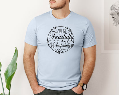 brand:Bella Canvas|color:Light Blue|You Are Fearfully And Sleeve Design Graphic T-Shirt