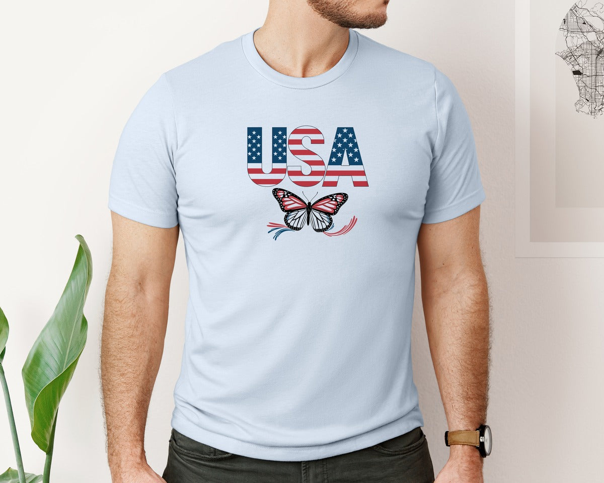 brand:Bella Canvas|color:Light Blue|Usa Butterfly Patriotic Graphic T-Shirt