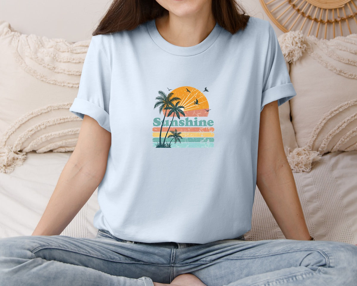 brand:Bella Canvas|color:Light Blue|Sunshine Summer Retro Beach Graphic T-Shirt