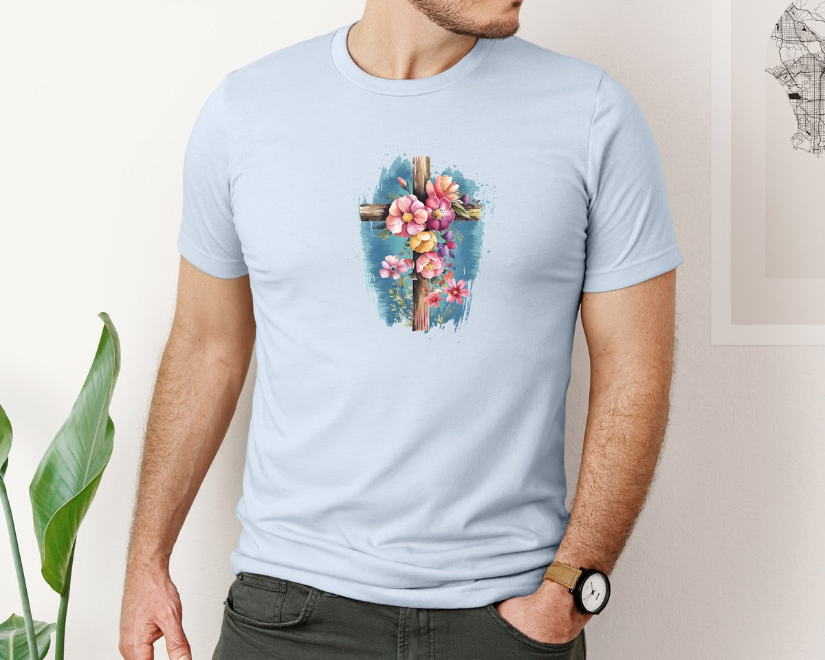 brand:Bella Canvas|color:Light Blue|Floral Christian Cross Graphic T-Shirt