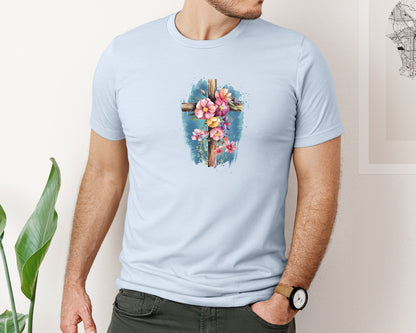 brand:Bella Canvas|color:Light Blue|Floral Christian Cross Graphic T-Shirt