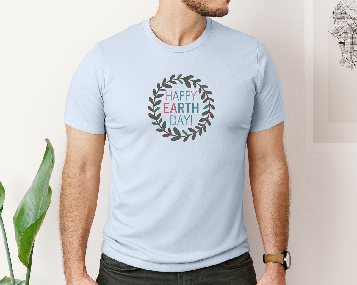 brand:Bella Canvas|color:Light Blue|Earth Day With Leaf Wreath T Shirtdesign Graphic T-Shirt