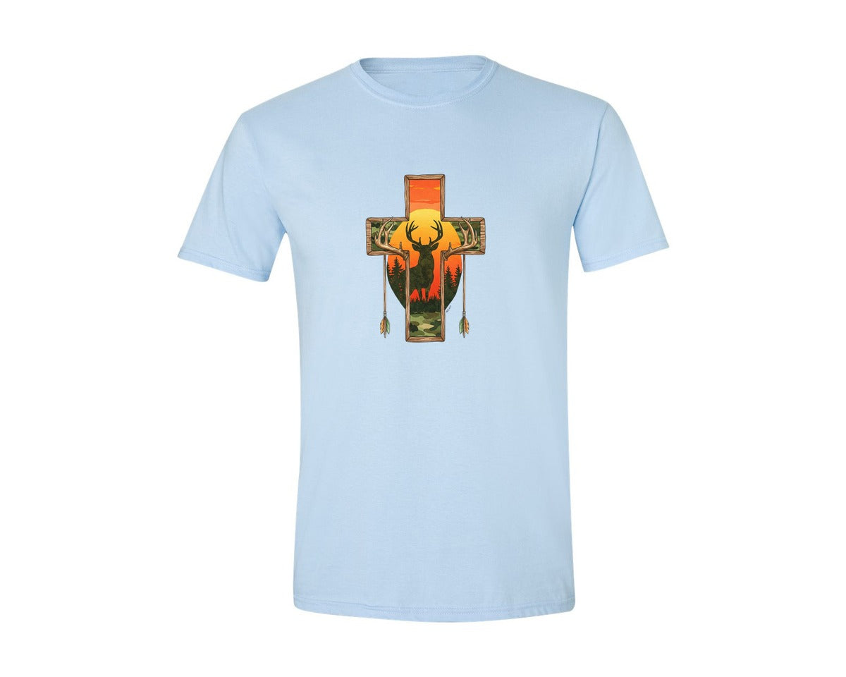 brand:Generic|color:Light Blue|Deer Cross Rustic Hunting Cross Sub Graphic T-Shirt