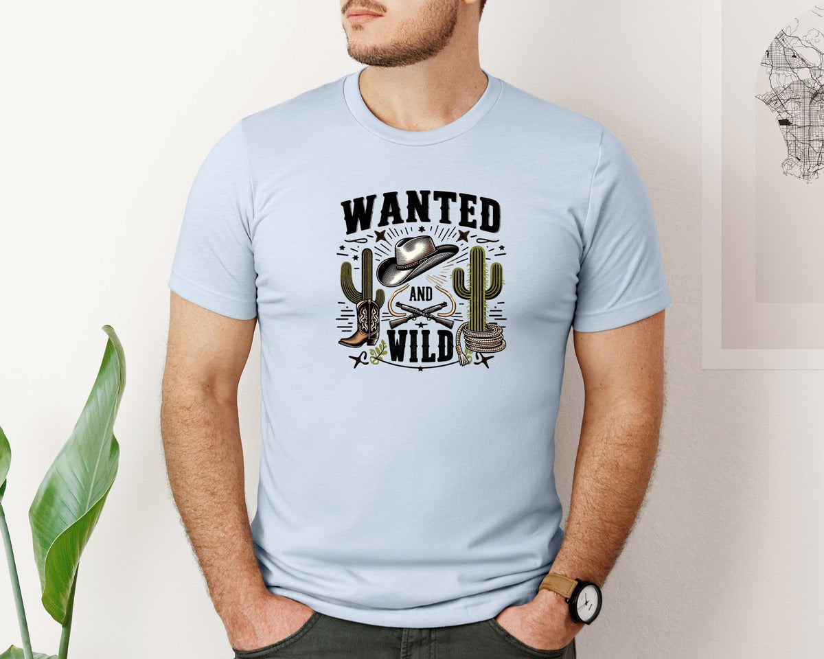 brand:Bella Canvas|color:Light Blue|Western Wanted And Wild T Shirt Graphic T-Shirt