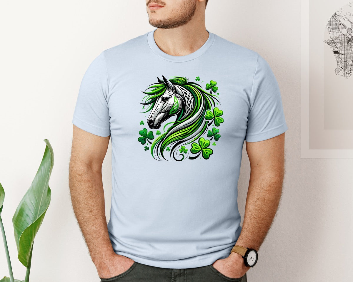 brand:Bella Canvas|color:Light Blue|St Patricks Day Horse Lucky Graphic T-Shirt