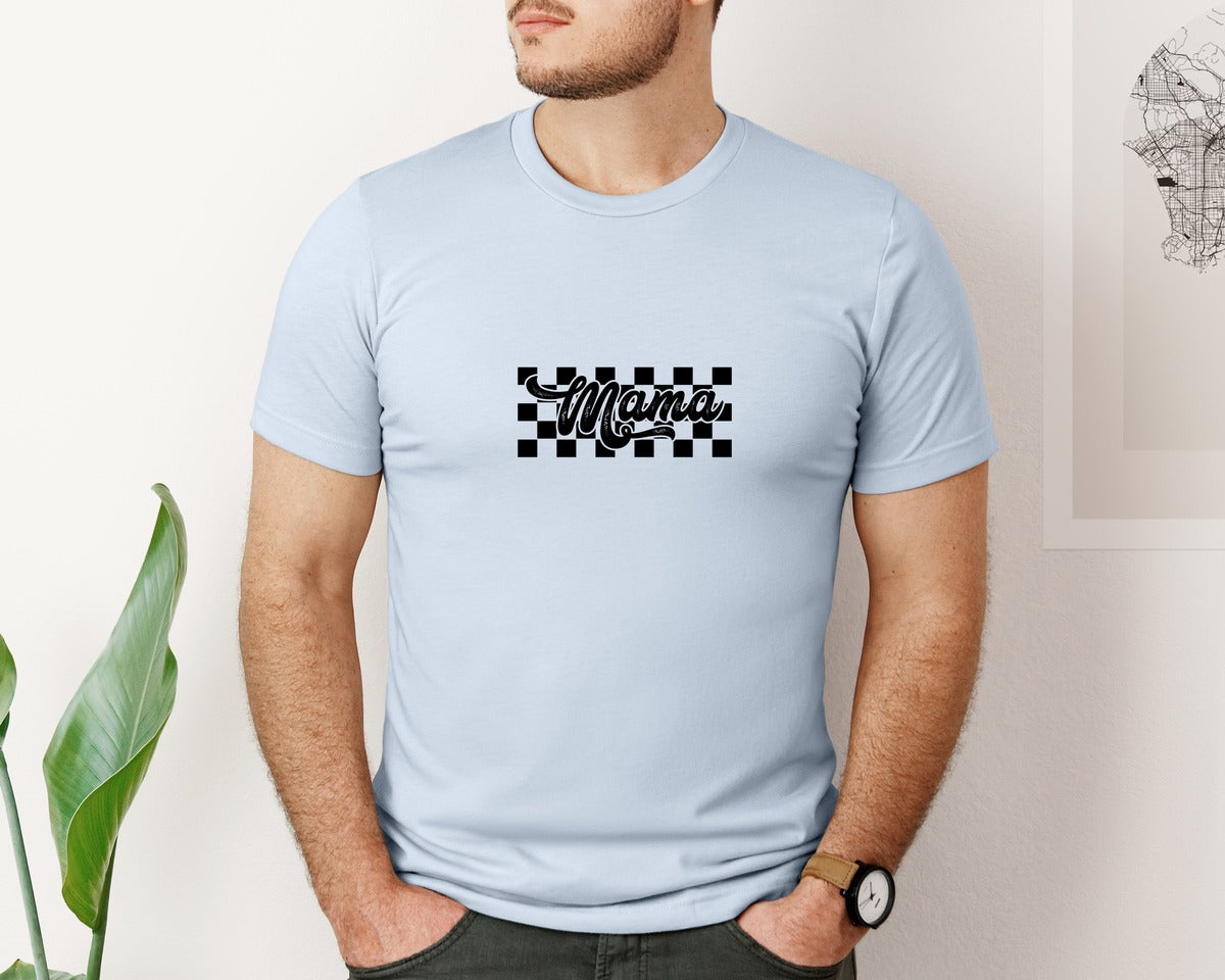 brand:Bella Canvas|color:Light Blue|Retro Mama Checkered Bow Coquette B Graphic T-Shirt