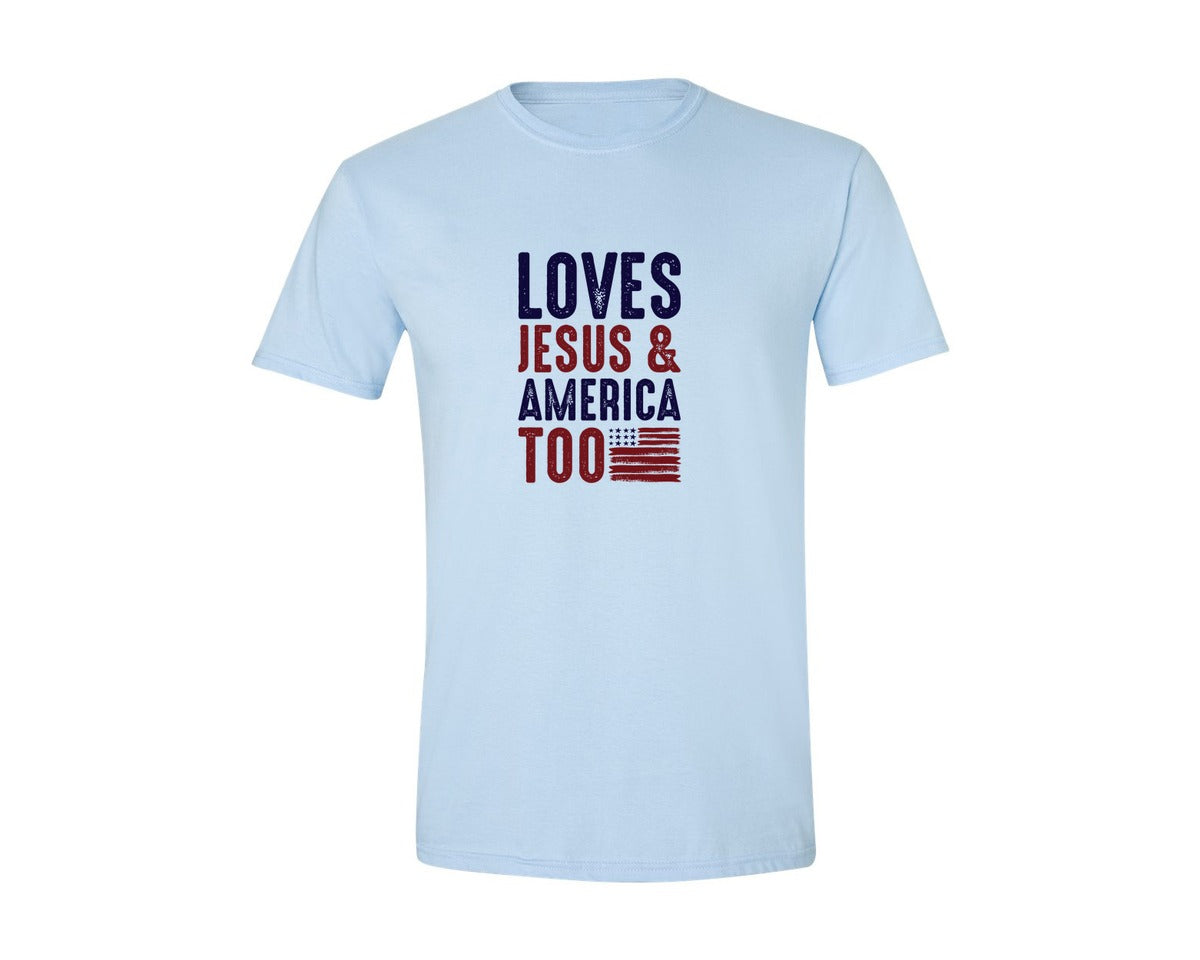 brand:Generic|color:Light Blue|Loves Jesus And America Too Jesus Graphic T-Shirt
