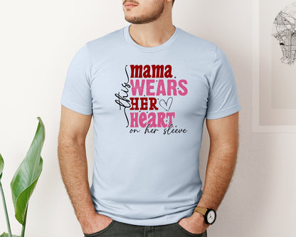 brand:Bella Canvas|color:Light Blue|This Mama Wears Her Heart On Her Sleeve 84 Graphic T-Shirt