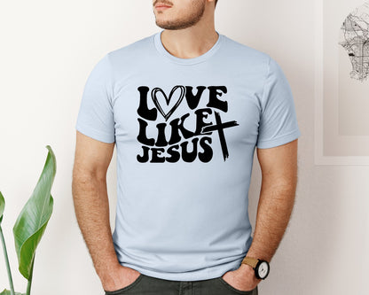 brand:Bella Canvas|color:Light Blue|Love Like Jesus Wavy 2 Graphic T-Shirt