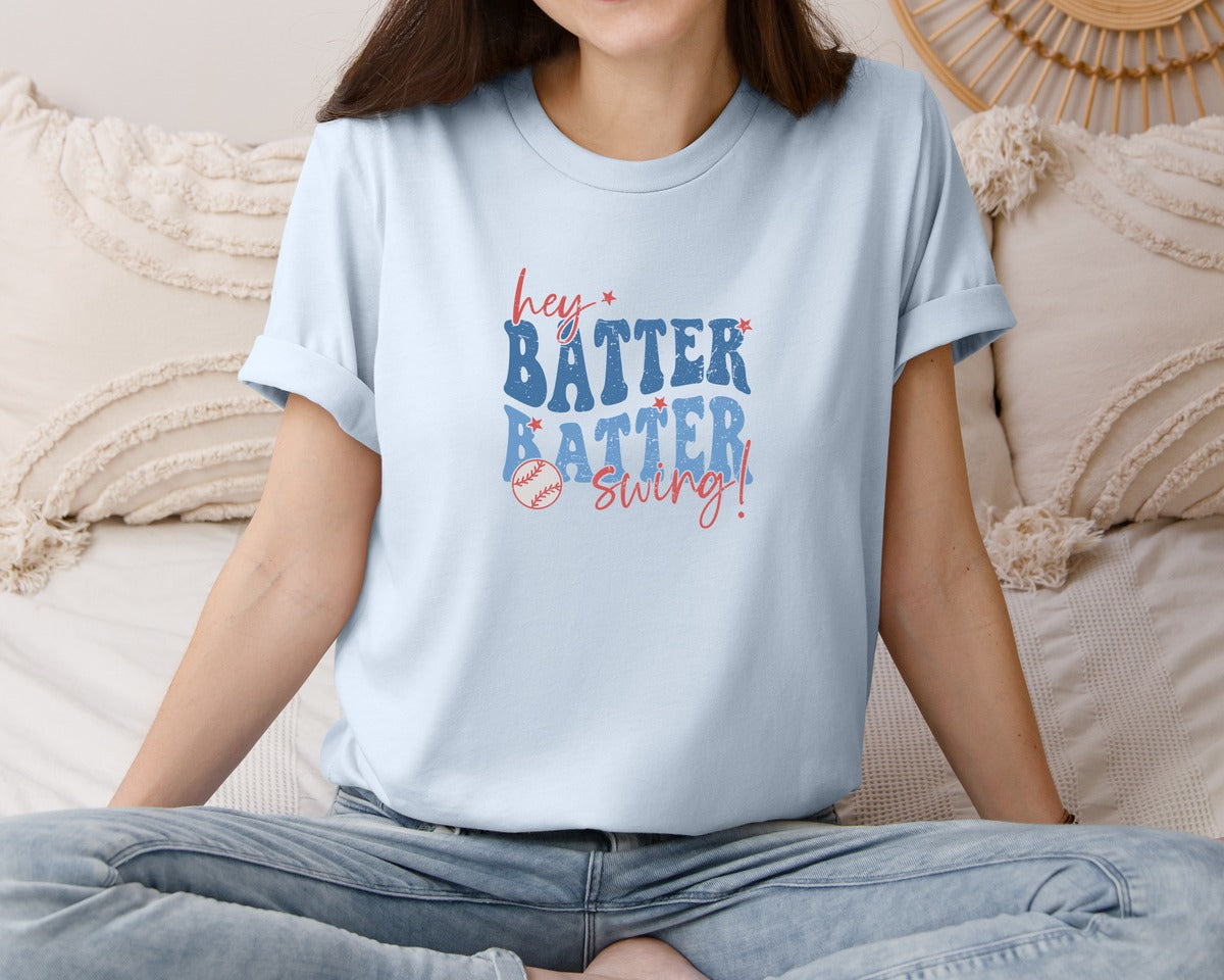 brand:Bella Canvas|color:Light Blue|Retro Baseball Hey Batter Batter Swing Graphic T-Shirt