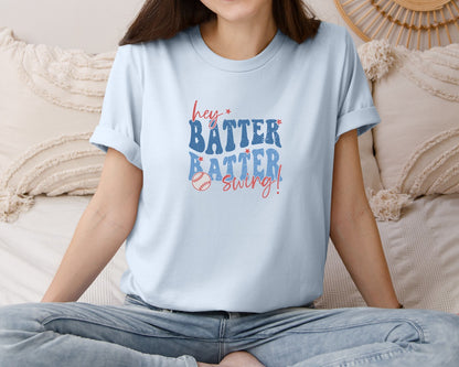 brand:Bella Canvas|color:Light Blue|Retro Baseball Hey Batter Batter Swing Graphic T-Shirt