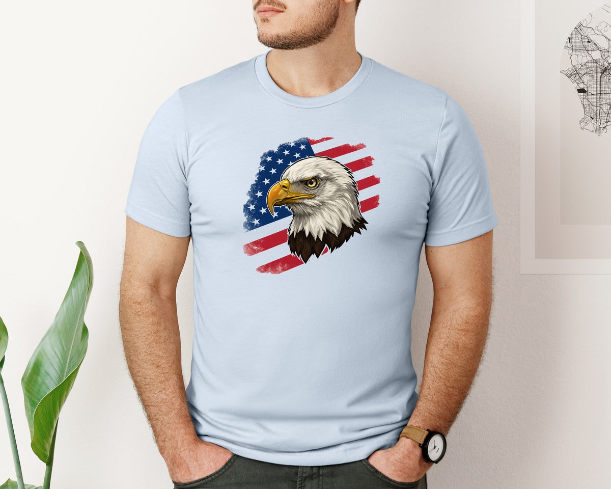 brand:Bella Canvas|color:Light Blue|American Eagle With Flag Patriotic Graphic T-Shirt