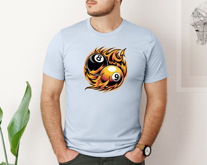 brand:Bella Canvas|color:Light Blue|Flaming 8 9 Ball Billiards Graphic T-Shirt