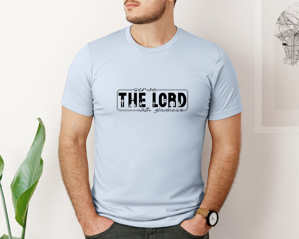 brand:Bella Canvas|color:Light Blue|Serve The Lord With Gladness Sleeve Graphic T-Shirt