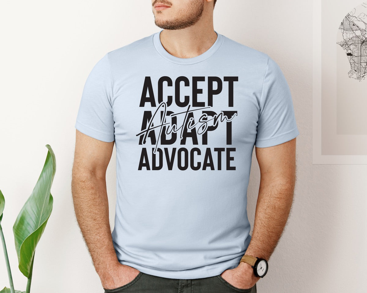 brand:Bella Canvas|color:Light Blue|Accept Adapt Advocate Autism Graphic T-Shirt