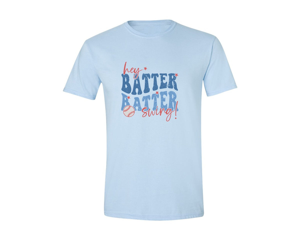 brand:Generic|color:Light Blue|Retro Baseball Hey Batter Batter Swing Graphic T-Shirt