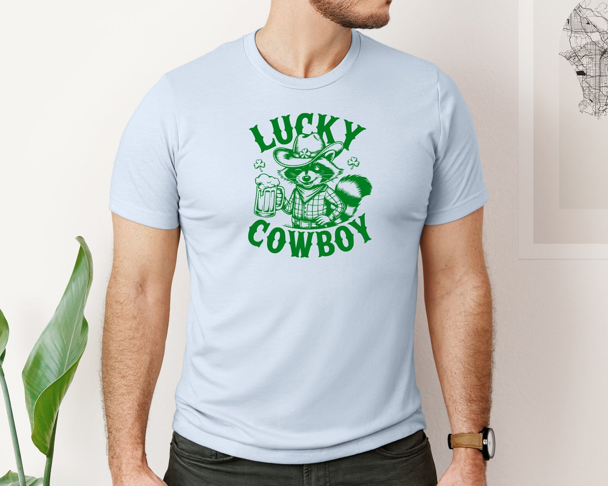 brand:Bella Canvas|color:Light Blue|Lucky Cowboy Funny St Patricks Day Graphic T-Shirt