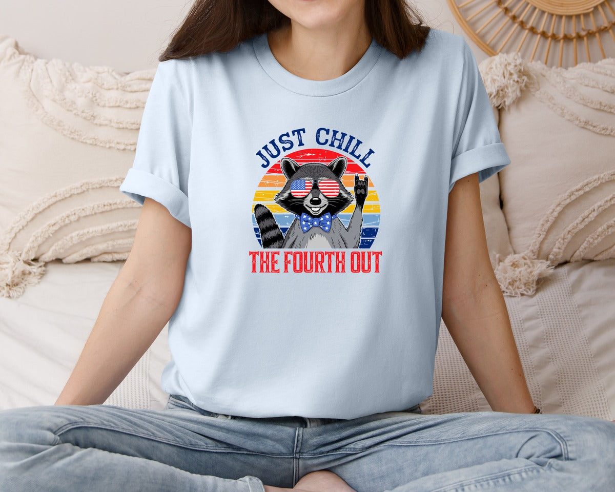 brand:Bella Canvas|color:Light Blue|Retro Raccoon 4Th Of July Chill Vibes Graphic T-Shirt