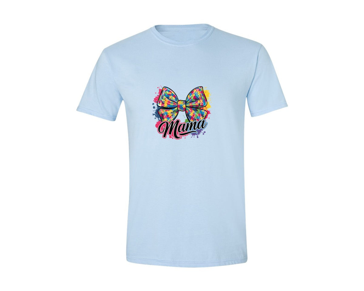 brand:Generic|color:Light Blue|Autism Mama Colorful Puzzle Bow Art Graphic T-Shirt