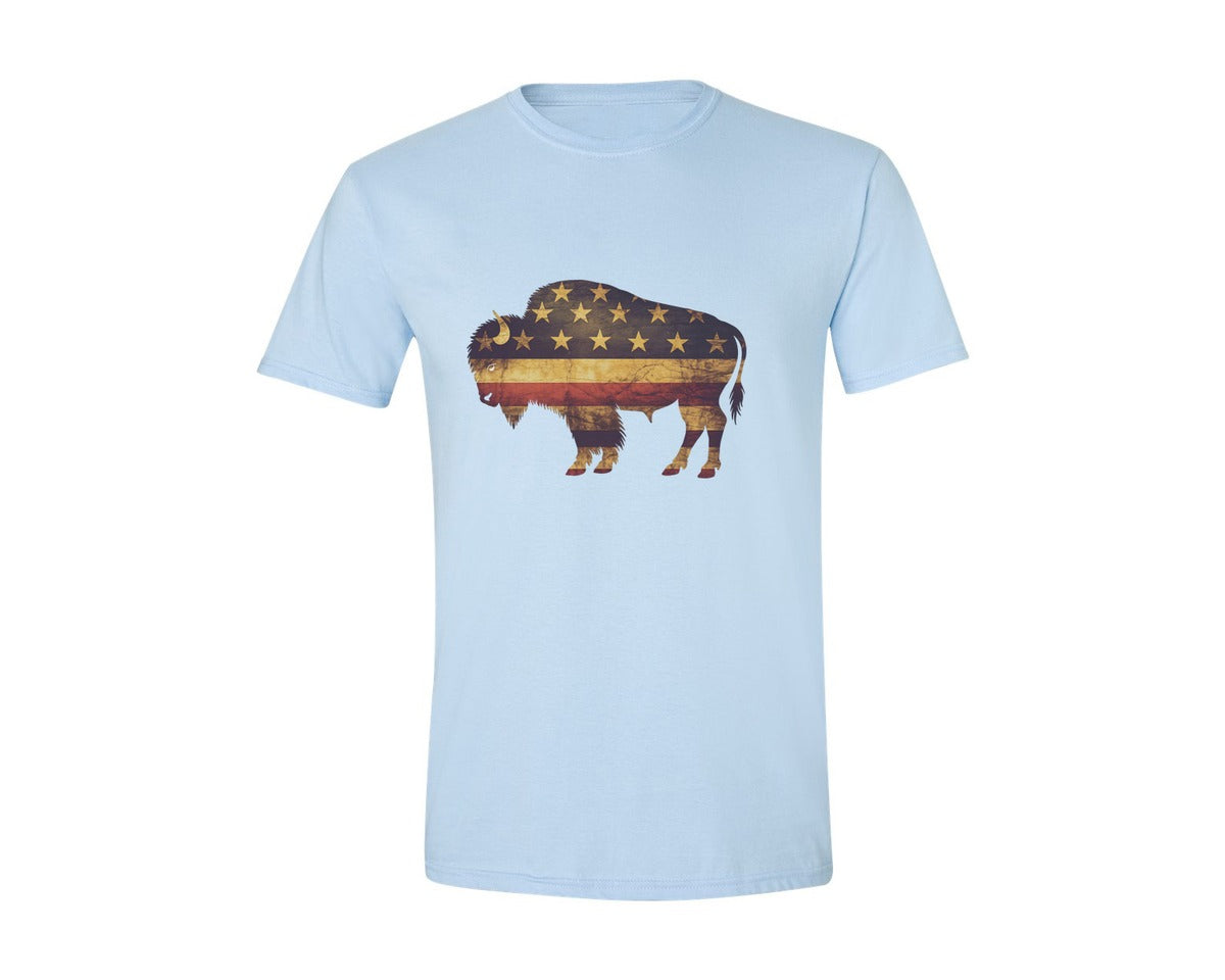brand:Generic|color:Light Blue|American Bison Patriotic Usa Flag 4 Graphic T-Shirt