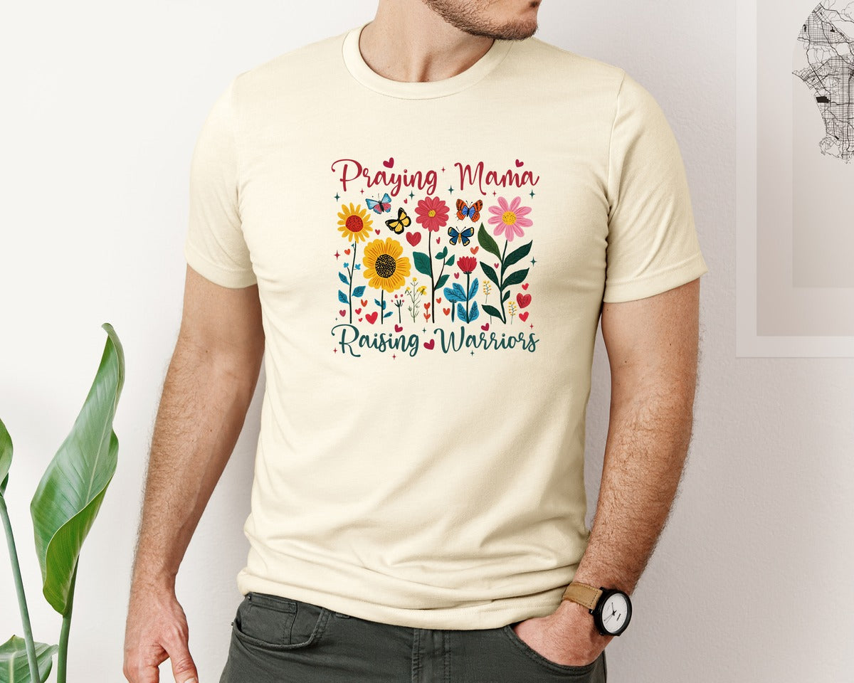 brand:Bella Canvas|color:Light Cream / Natural|Praying Mama Raising Warriors Boho Graphic T-Shirt